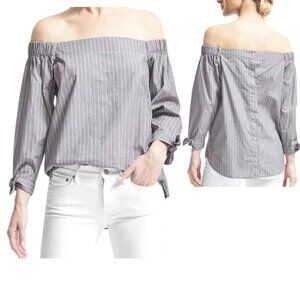 Banana Republic Off Shoulder Button Back Tie Sleeve Striped Top Gray White